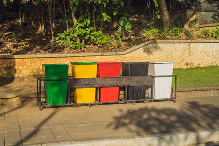 Green and yellow Trash on concrete outdoors in the city.の写真素材