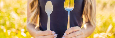 Zero waste concept. Use a plastic spoon or a reusable spoon.の写真素材