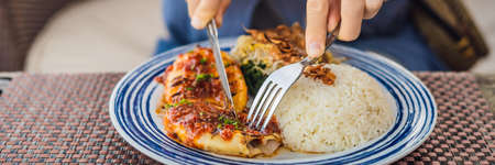 Squid grill with rice. Balinese cuisine Indonesia.