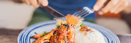 Close up Grilled prawns or fresh grilled shrimps ,cooking seafood with rice.の写真素材