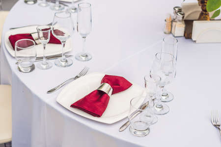 Wedding table decoration catering service. Table set for an event party or wedding reception