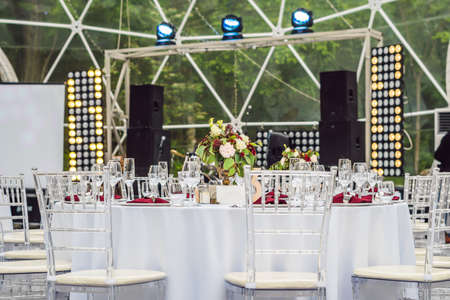 Wedding table decoration catering service. Table set for an event party or wedding reception