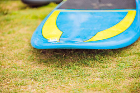 SUP boards lying on the grass by the river, lake or sea.の写真素材