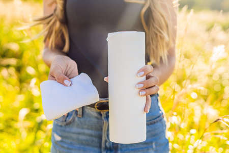 Zero waste concept. Use a Bamboo towel or disposable wipes. Zero waste, green and conscious lifestyle concept.の写真素材