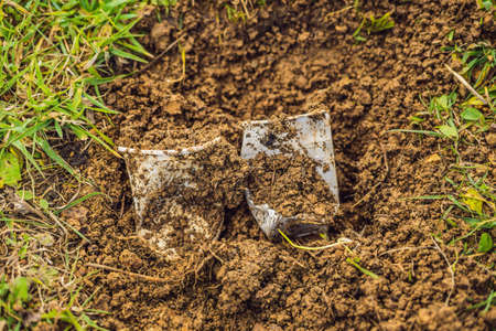 The boy plays recycling. He buries plastic disposable dishes and biodegradable dishes. After a few...