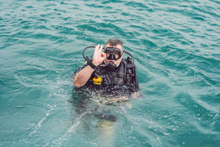 Divers on the surface of water ready to dive