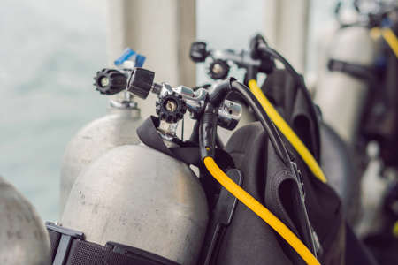Scuba compressed air tank on boat. Ready for divingの写真素材