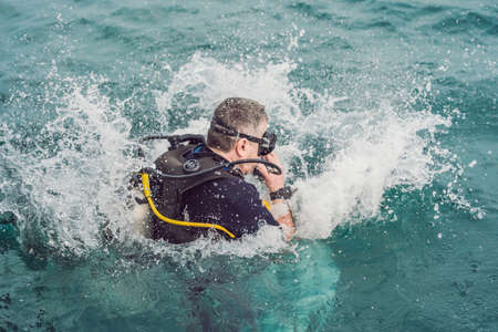 Divers on the surface of water ready to diveの写真素材