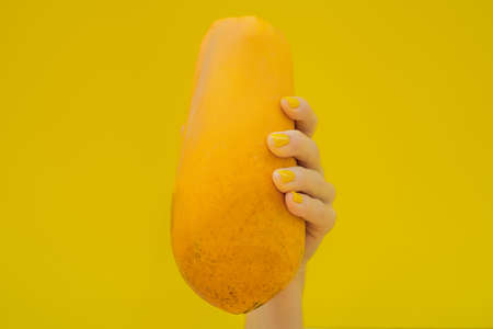 Hand with a yellow manicure holding a orange ripe papaya on a yellow background