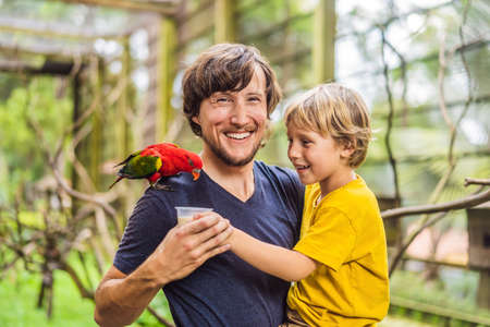 Dad and son feed the parrot in the park. Spending time with kids conceptの写真素材