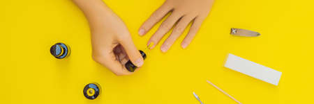 Woman Hands Care. Top View Of Beautiful Smooth Woman's Hands With Professional Nail Care Tools For...