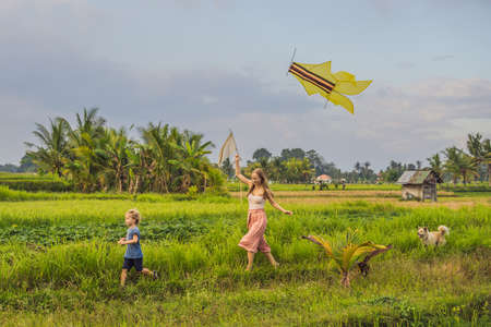 Mom and son launch a kite in a rice field in Ubud, Bali Island, Indonesiaの写真素材