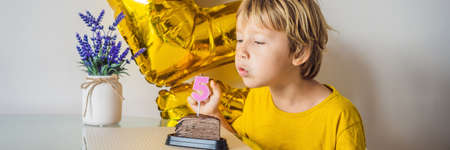 Happy little kid boy celebrating his birthday and blowing candles on homemade baked cake, indoor....