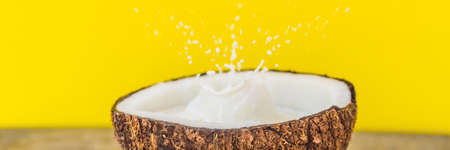 Coconut fruit and milk splash inside it on yellow background BANNER, LONG FORMATの写真素材