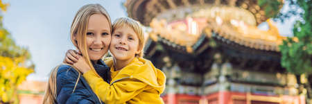 Enjoying vacation in China. Mom and son in Forbidden City. Travel to China with kids concept. Visa free transit 72 hours, 144 hours in China BANNER, LONG FORMATの写真素材