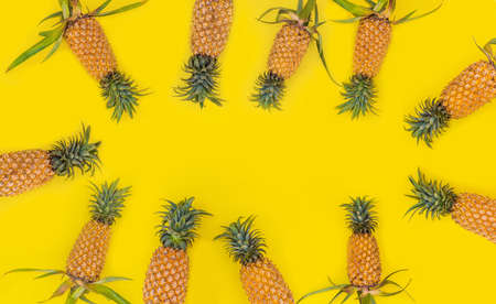 Pattern with bright pineapples on yellow background. Top View. Copy Space. Minimal style. Pop art design, creative summer concept. Bannerの写真素材
