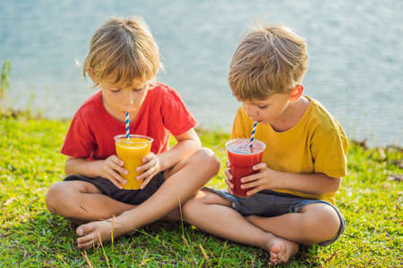 Two boys drink healthy smoothies against the backdrop of palm trees. Mango and watermelon smoothies. Healthy nutrition and vitamins for childrenの写真素材