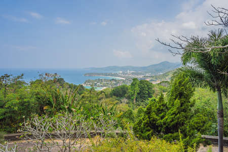 Tropical beach landscape panorama. Beautiful turquoise ocean waives with boats and sandy coastline from high view point.の写真素材