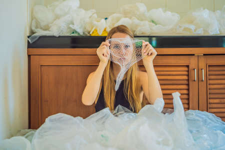Woman used too many plastic bags that they filled up the entire kitchen.