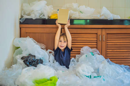 The boys parents used too many plastic bags that they filled up the entire kitchen.