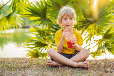 Boy drink healthy smoothies against the backdrop of palm trees. Watermelon smoothies. Healthy nutrition and vitamins for childrenの写真素材
