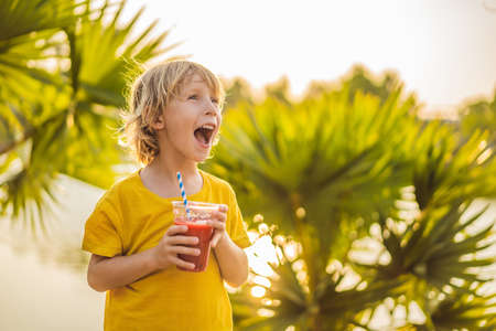 Boy drink healthy smoothies against the backdrop of palm trees.の写真素材
