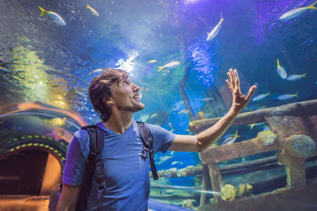 curious tourist watching with interest on shark in oceanarium tunnelの写真素材