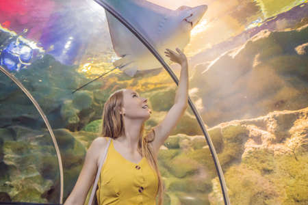 Young woman touches a stingray fish in an oceanarium tunnel