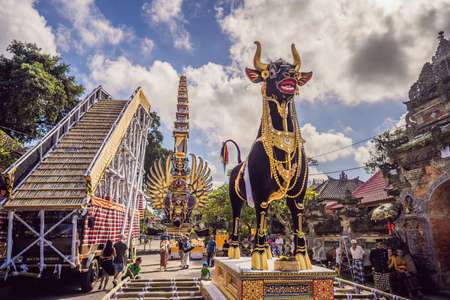 Ubud, Bali, Indonesia - April 22, 2019 : Royal cremation ceremony prepation. Balinese hindus...