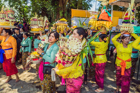 Ubud, Bali, Indonesia - April 22, 2019 : Royal cremation ceremony prepation. Balinese hindus religion procession. Bade and Lembu Black Bull symbol of transportation for the spirit to the heavenのeditorial素材