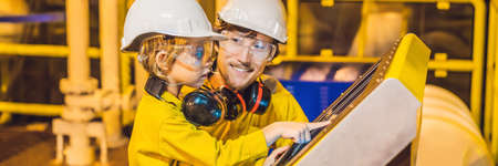 BANNER, LONG FORMAT A young man and a little boy are both in a yellow work uniform, glasses, and...