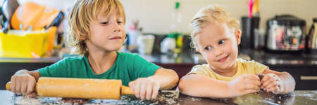 Two children a boy and a girl make cookies from dough BANNER, LONG FORMATの写真素材