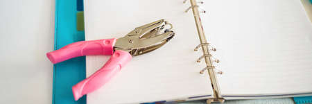 Notepad and stationery on white background. Planner for business and study. Fans of stationery...