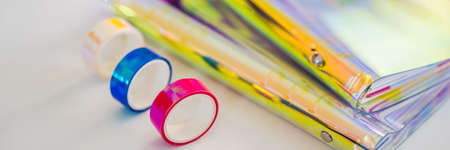 Notepad and stationery on white background. Planner for business and study. Fans of stationery BANNER, LONG FORMATの写真素材