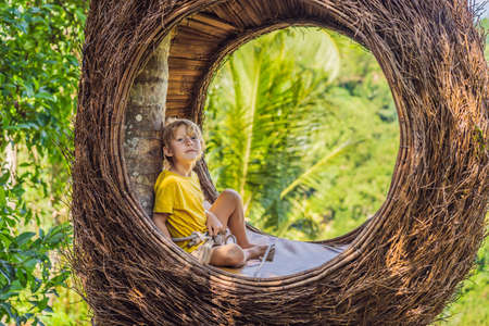 Bali trend, straw nests everywhere. Child friendly place. Boy tourist enjoying his travel around Bali island, Indonesia. Making a stop on a beautiful hill. Photo in a straw nest, natural environment. Lifestyle. Traveling with kids concept. What to do with childrenの写真素材