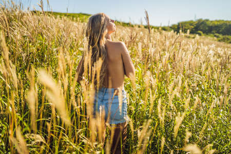 Young beautiful woman in autumn landscape with dry flowers, wheat spikes. Fashion autumn, winter....