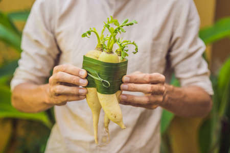 Eco-friendly product packaging concept. Daikon wrapped in a banana leaf, as an alternative to a...