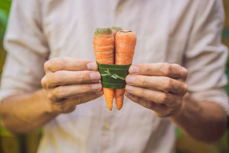 Eco-friendly product packaging concept. Carrot wrapped in a banana leaf, as an alternative to a plastic bag. Zero waste concept. Alternative packagingの写真素材