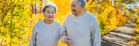 BANNER, LONG FORMAT Happy senior citizens in the autumn forest. family, age, season and people...