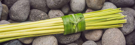 BANNER, LONG FORMAT Eco-friendly product packaging concept. Lemongrass wrapped in a banana leaf, as an alternative to a plastic bag. Zero waste concept. Alternative packagingの写真素材