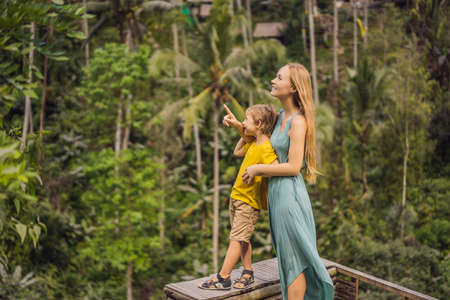 Mom and son on the rice field in the background of rice terraces, Ubud, Bali, Indonesia. Traveling with children concept. Teaching children in practiceの写真素材