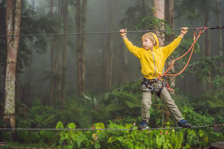 Little boy in a rope park. Active physical recreation of the child in the fresh air in the park....