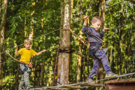 Two little boys in a rope park. Active physical recreation of the child in the fresh air in the park. Training for childrenの写真素材