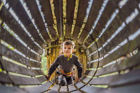Little boy in a rope park. Active physical recreation of the child in the fresh air in the park. Training for childrenの写真素材