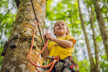 Little boy in a rope park. Active physical recreation of the child in the fresh air in the park....