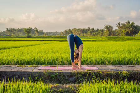 Young woman practice yoga outdoor in rice fields in the morning during wellness retreat in Baliの写真素材