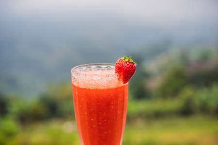 The traditional strawberry juice in Bali in the Bedugul area. Cafe on a strawberry plantation Bali....