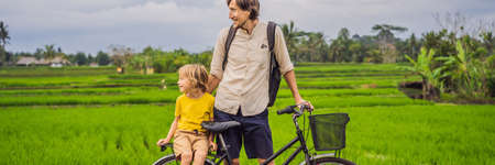 Father and son ride a bicycle on a rice field in Ubud, Bali.の写真素材