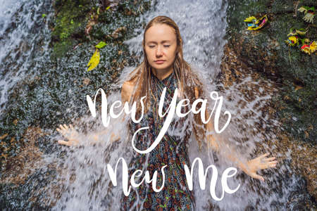 NEW YEAR NEW ME concept Young woman tourist in Holy springs Sebatu in Baliの写真素材