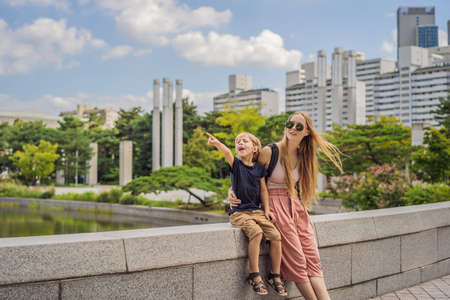 Mom and son tourists in Korea.の写真素材